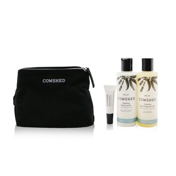 Cowshed ชุด Essential Calming Relax: ลิปบาล์มธรรมชาติ 5ml+ เจลอาบน้ำและอาบน้ำ 100ml+ โลชั่นบำรุงผิว 100ml+ กระเป๋า