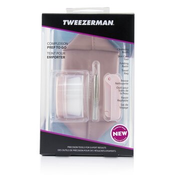 Tweezerman ชุดเตรียมผิว: แปรงทำความสะอาด + เครื่องมือดูแลผิว + มีดโกนพับ + กระเป๋าเดินทาง