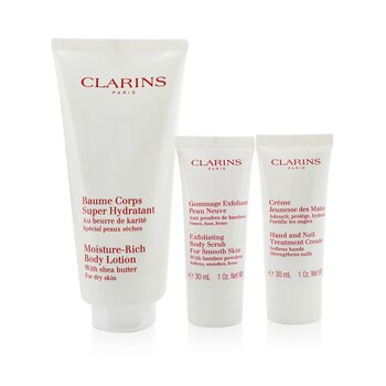 Clarins Body Care Essentials Collection: Moisture-Rich Body Lotion 200ml+ Body Scrub 30ml+ Hand & Nail Cream 30ml+ Bag